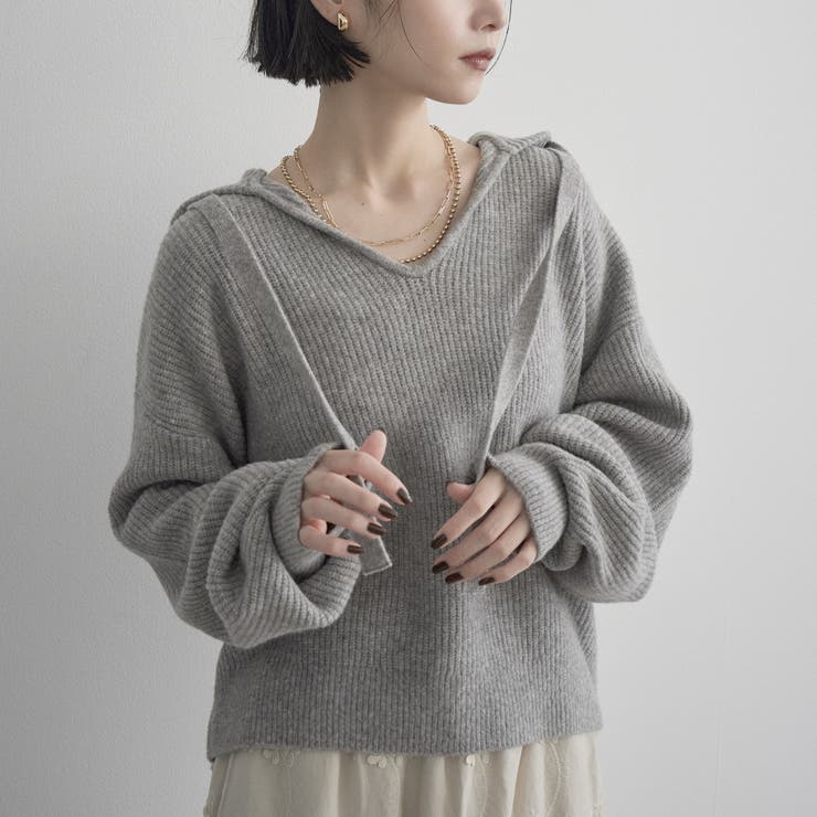 LT.GRAY | エアリーヤーン フード付きVネックニット | coen【women】