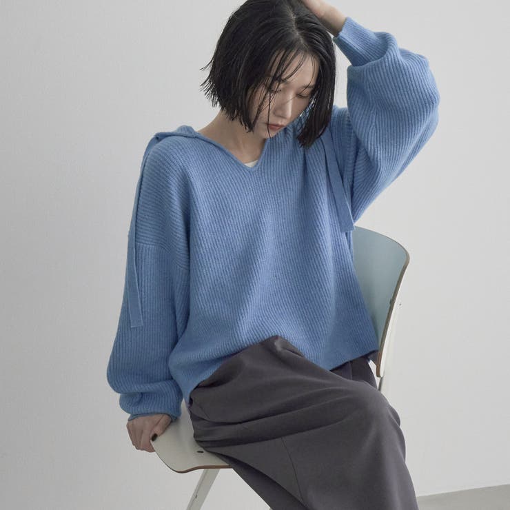 LT.BLUE | エアリーヤーン フード付きVネックニット | coen【women】
