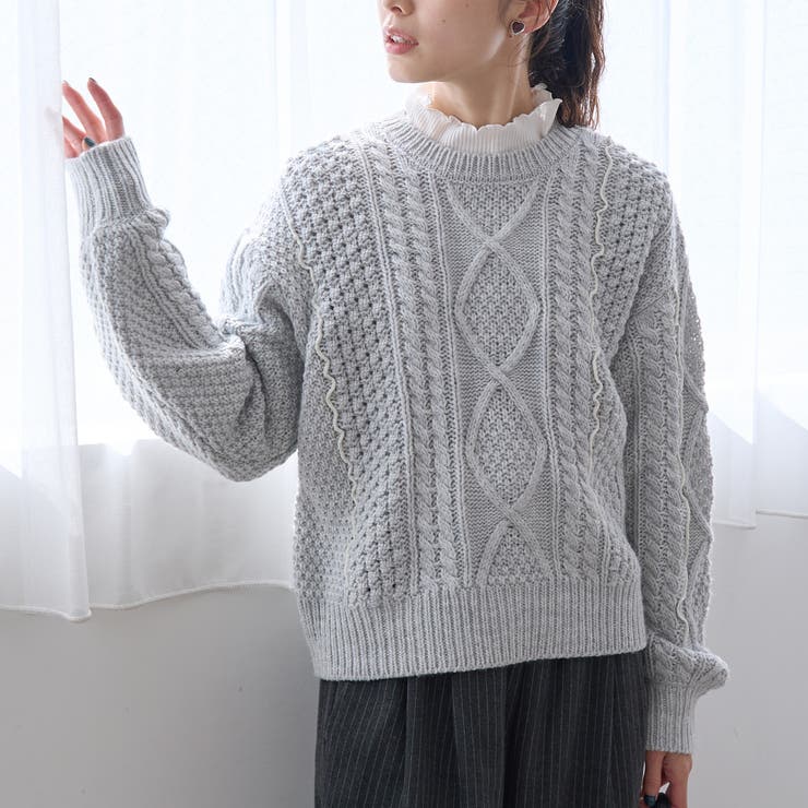 LT.GRAY | 配色メローケーブル編みニットプルオーバー | coen【women】