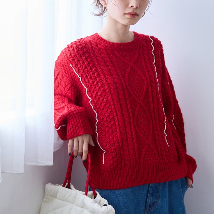 RED | 配色メローケーブル編みニットプルオーバー | coen【women】