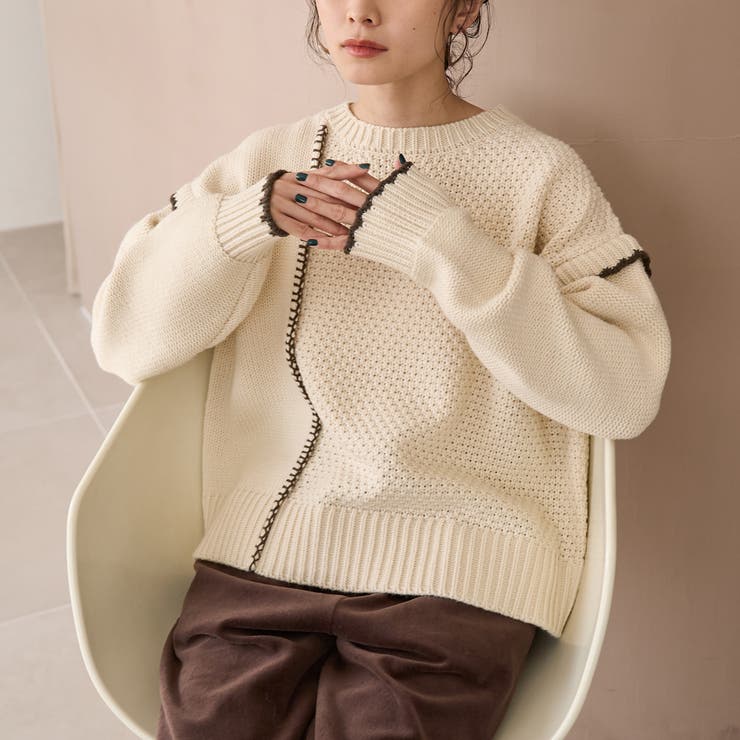 OFF WHITE | 配色ステッチパッチワークニット | coen【women】