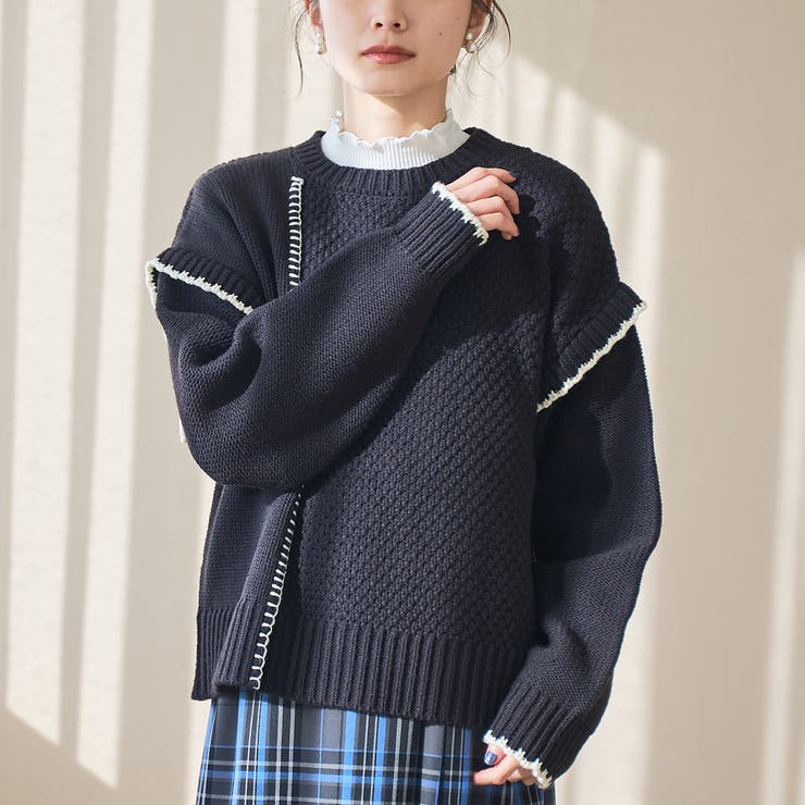 BLACK | 配色ステッチパッチワークニット | coen【women】