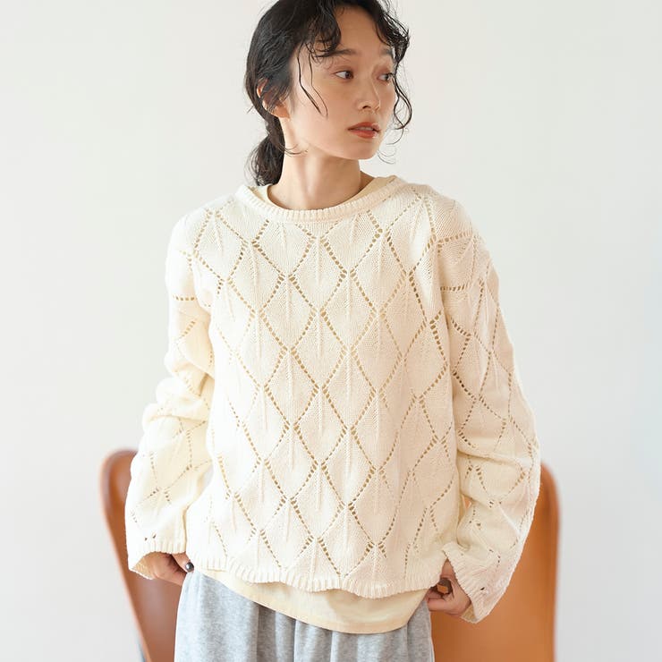 OFF WHITE | リーフ柄透かし編みニット | coen【women】