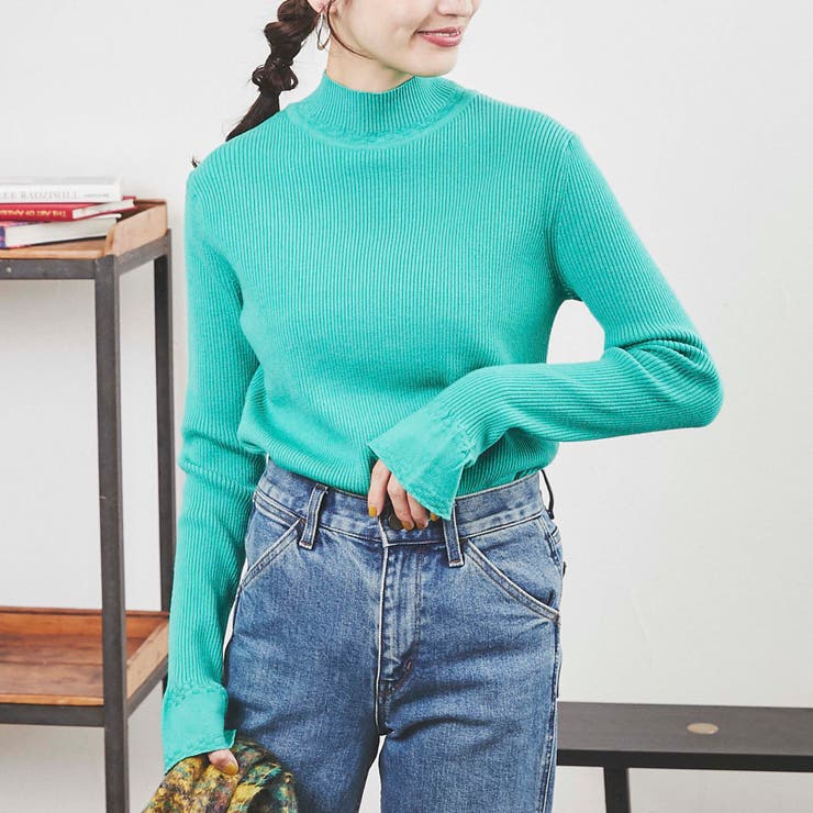 洗える］もちふわ袖フレアハイネックリブニット[品番：COEW0003617