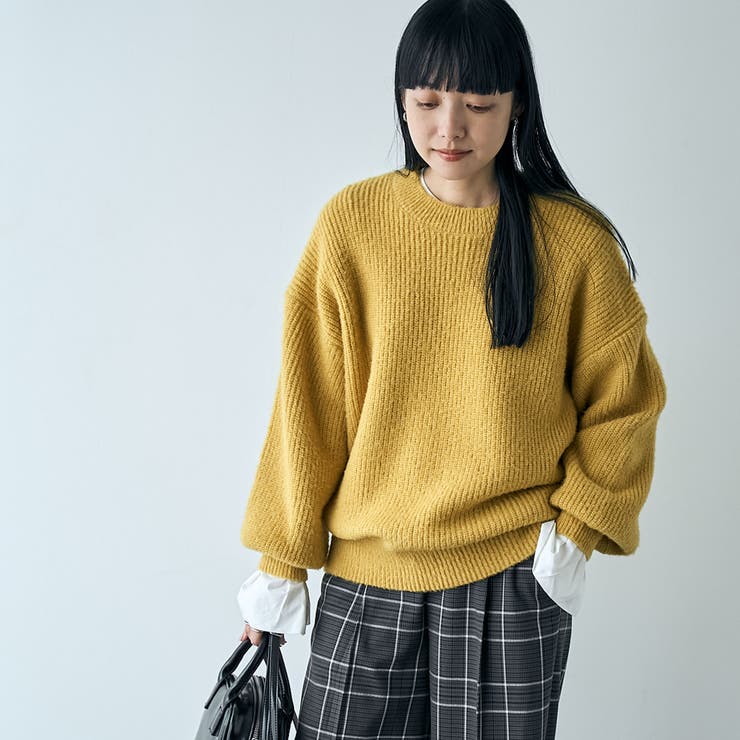 起毛アゼ編みクルーネックチュニックニット[品番:COEW0006567 起毛アゼ編みクルーネックチュニックニット[品番:COEW0006567
