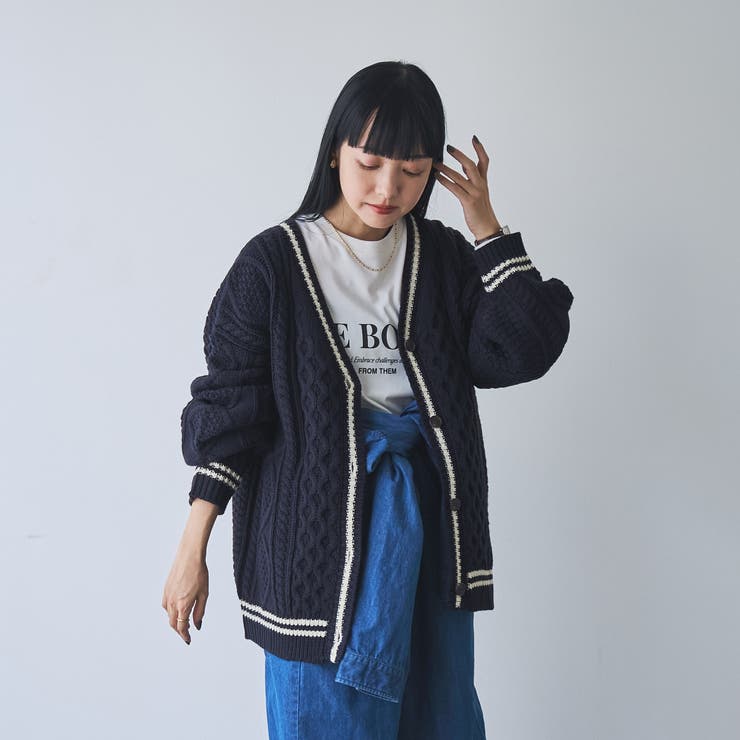 ケーブル編みVネックラインカーディガン[品番：COEW0006598]｜coen