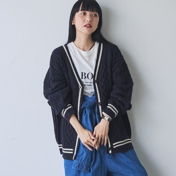 NAVY | ケーブル編みVネックラインカーディガン | coen【women】