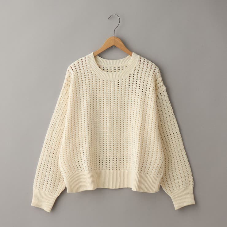 OFF WHITE | コットンアクリル透かし編みクルーネックニット | coen【women】