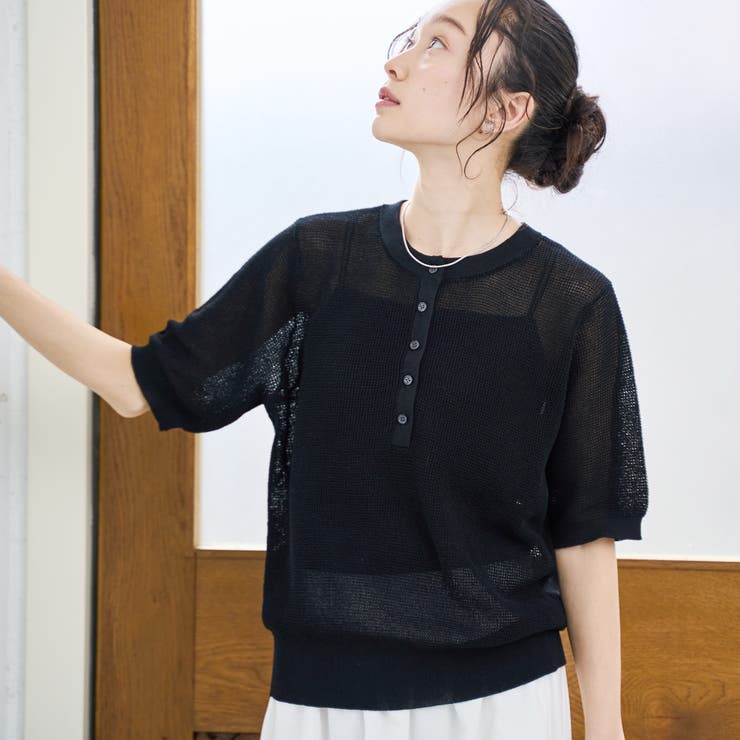 BLACK | シアーリネンワッフルヘンリーネックトップス | coen【women】