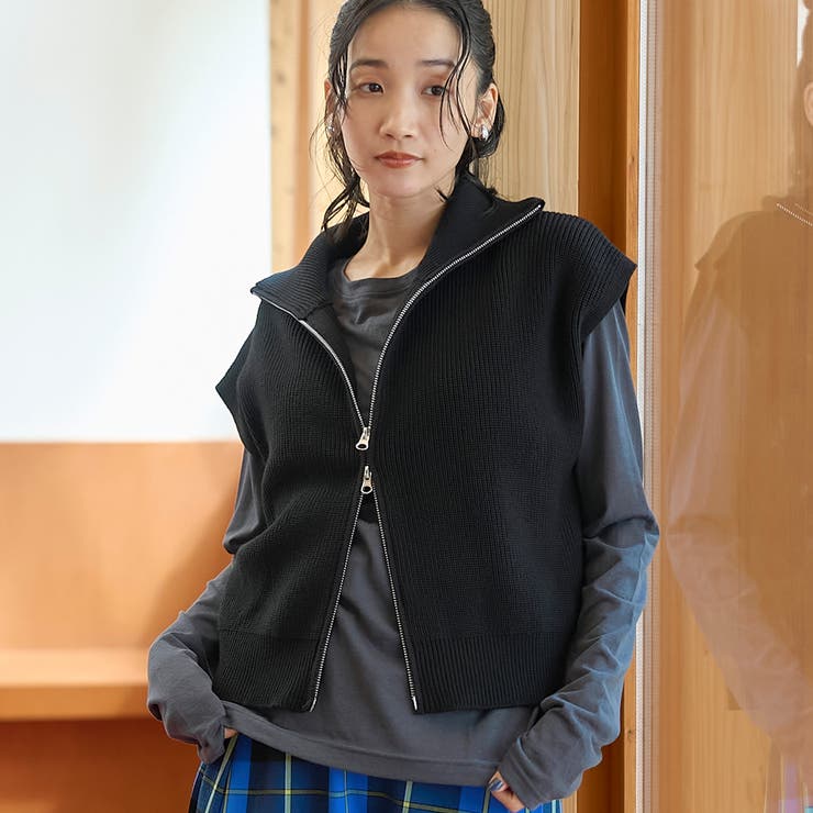 ハイネック 畔編みダブルジップニットベスト | coen【women】 | 詳細画像1 