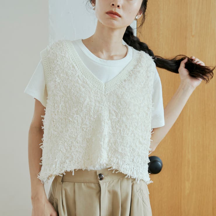 OFF WHITE | チュールテープヤーン Vネックショート丈ニットベスト | coen【women】