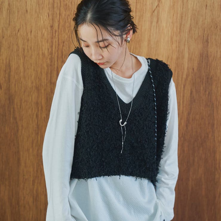 BLACK | チュールテープヤーン Vネックショート丈ニットベスト | coen【women】