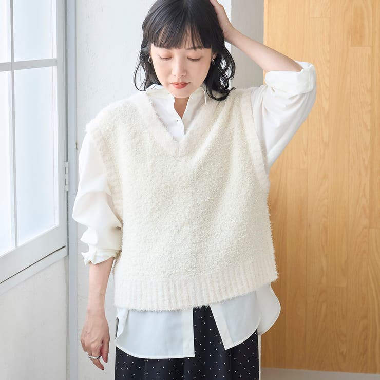 OFF WHITE | 前後2wayフェザーミックスヤーン Vネックニットベスト | coen【women】