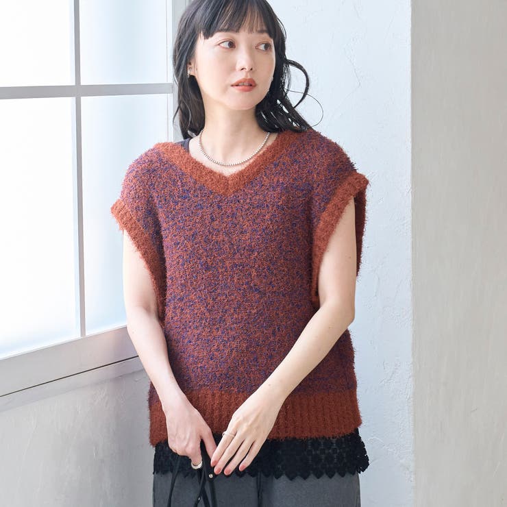 NAVY | 前後2wayフェザーミックスヤーン Vネックニットベスト | coen【women】