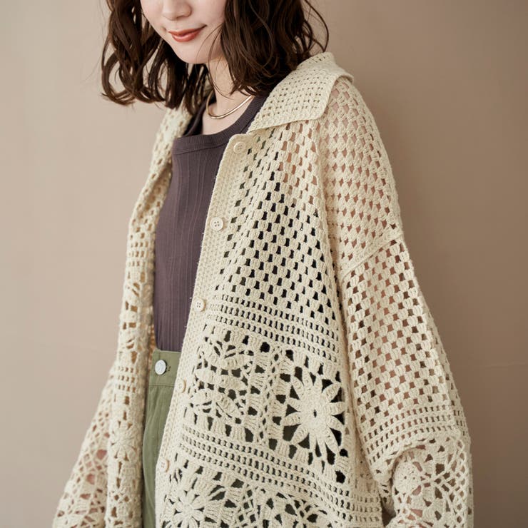 NATURAL | クロシェ襟付きニットカーディガン | coen【women】