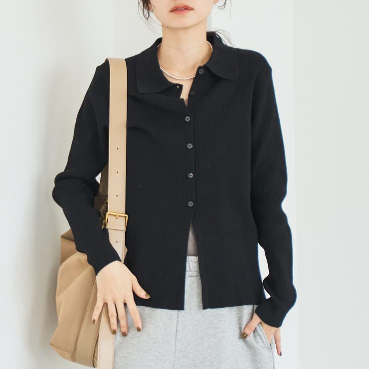 BLACK | ウール混 襟付きリブニットカーディガン | coen【women】