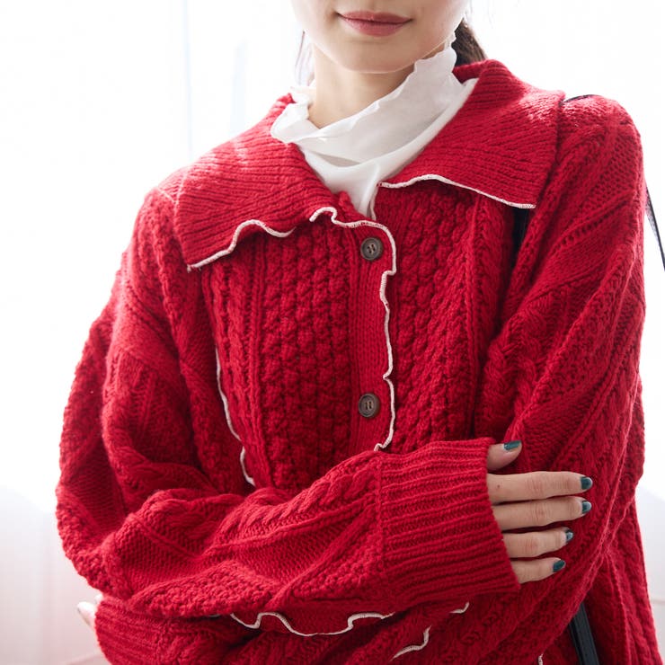 RED | 配色メローケーブル編みニットカーディガン | coen【women】