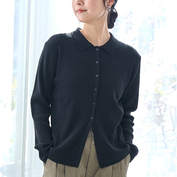 BLACK | 襟付きリブ編みカーディガン | coen【women】