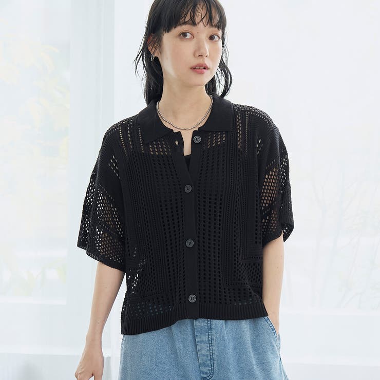 BLACK | 襟付き半袖メッシュニットカーディガン | coen【women】
