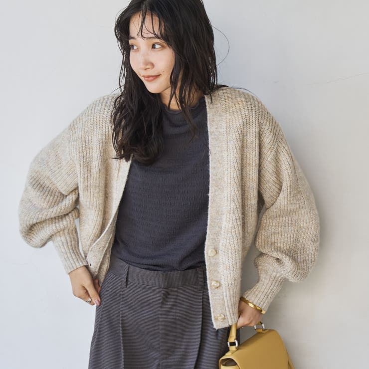 Amomento ダークブラウン リブ編み ニットカーディガン Amomento