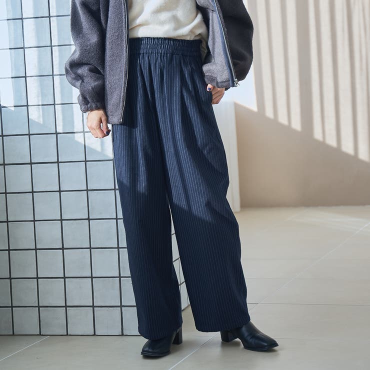 NAVY | TRストライプタックワイドパンツ | coen【women】