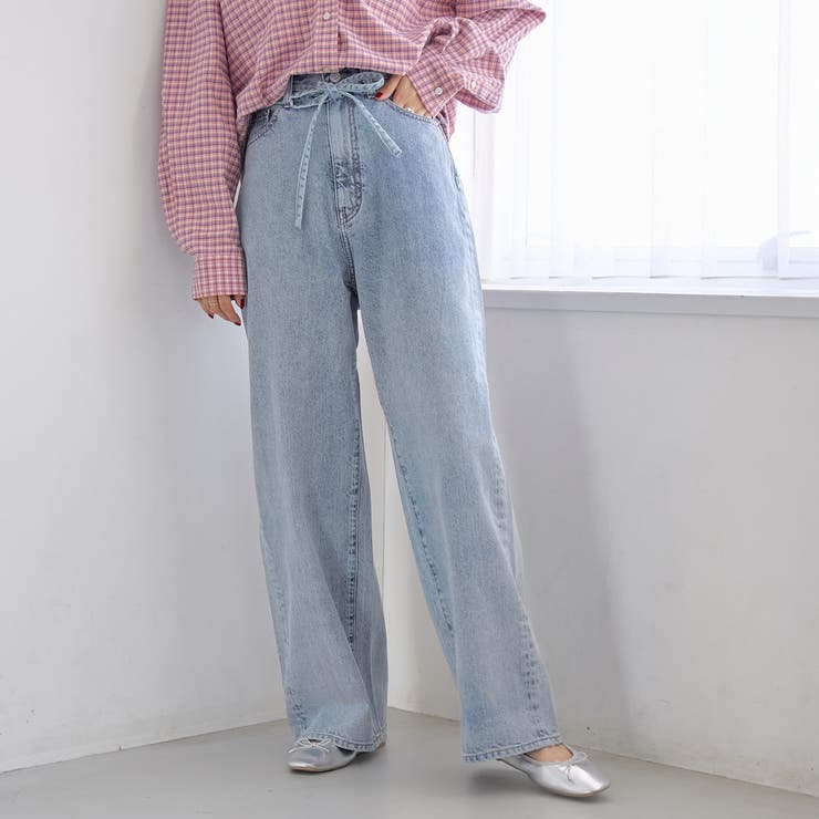 LT.BLUE | ウエストリボン ワイドストレートデニムパンツ | coen【women】