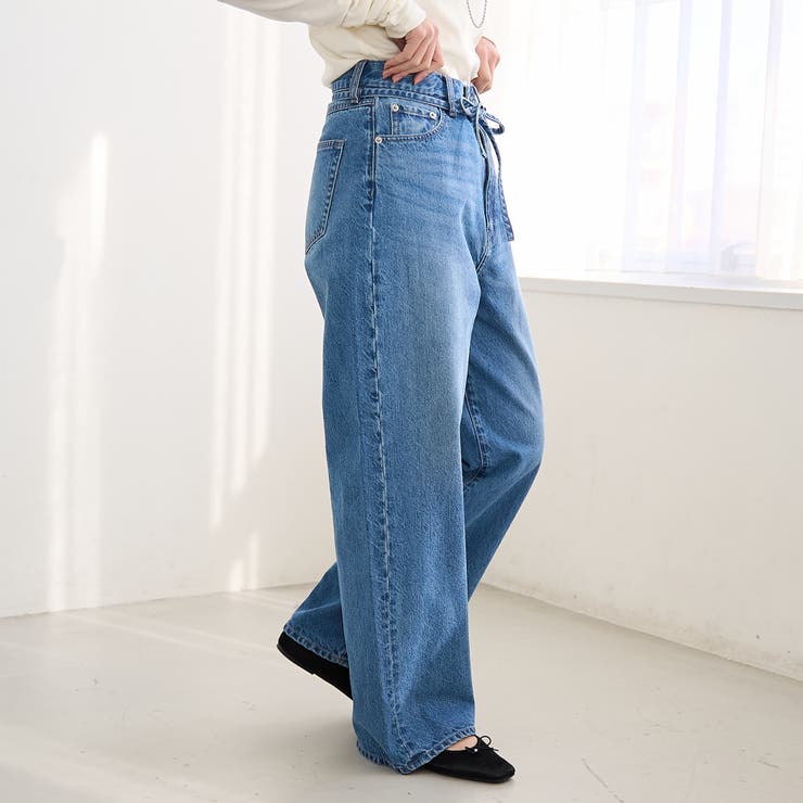 COBALT | ウエストリボン ワイドストレートデニムパンツ | coen【women】