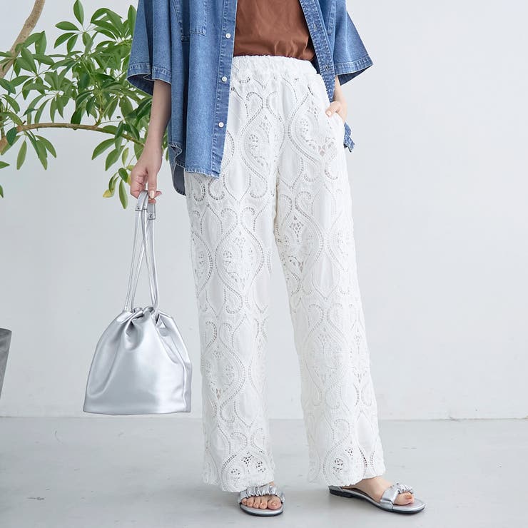 OFF WHITE | モチーフ刺繍レース イージーワイドパンツ | coen【women】