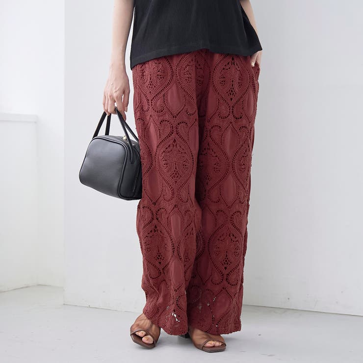 WINE | モチーフ刺繍レース イージーワイドパンツ | coen【women】