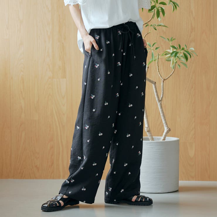 BLACK | 【セットアップ対応】フラワー刺繍イージーワイドパンツ | coen【women】