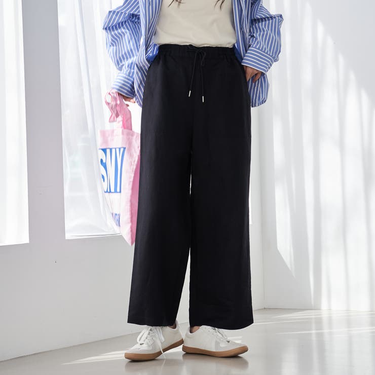 BLACK | 接触冷感リネンレーヨンワイドパンツ（WEB限定サイズ） | coen【women】