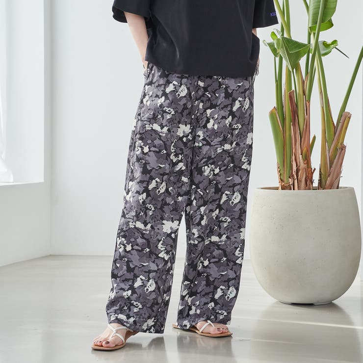 BLACK | フラワープリント イージーワイドパンツ | coen【women】