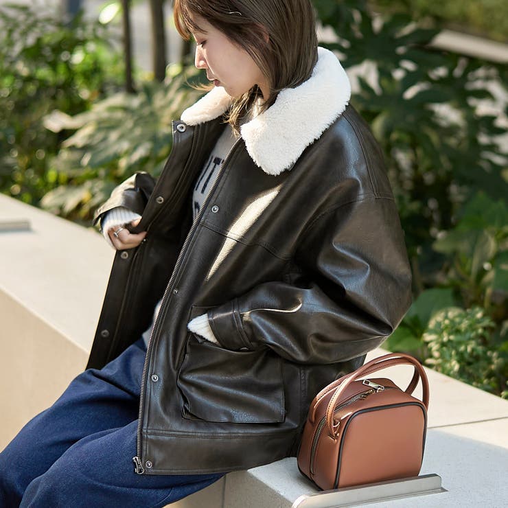 ボア襟付きレザーライクヴィンテージブルゾン[品番：COEW0007631