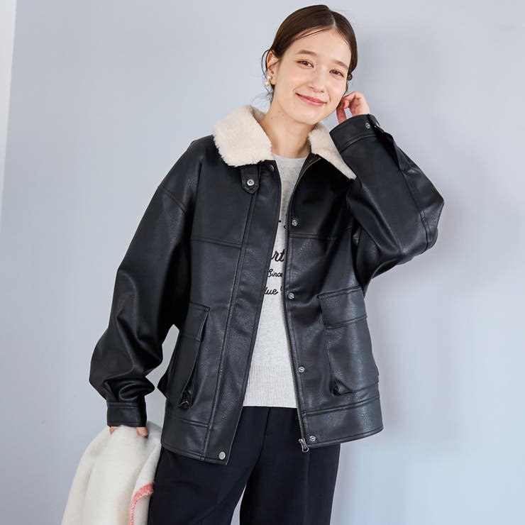 ボア襟付きレザーライクヴィンテージブルゾン[品番：COEW0007631