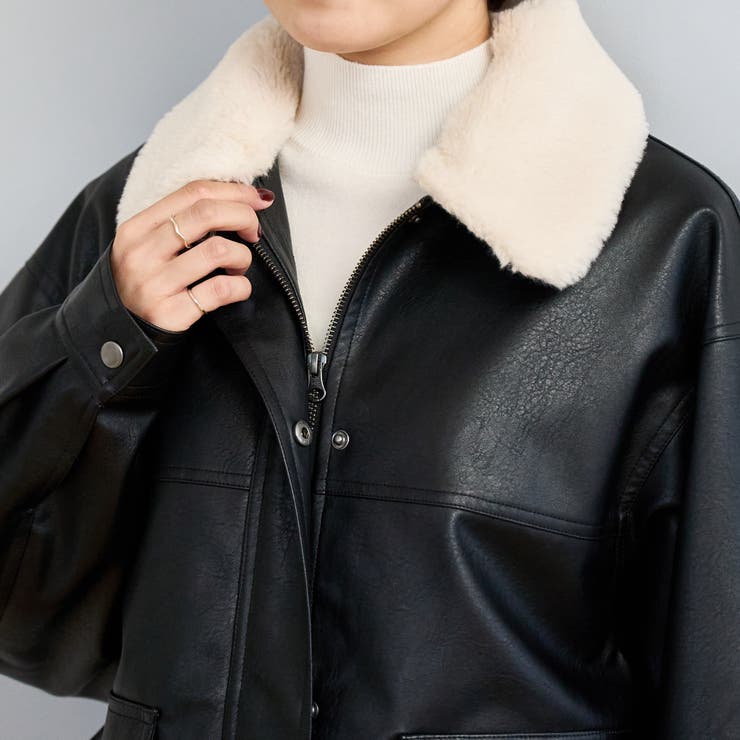 ボア襟付きレザーライクヴィンテージブルゾン[品番：COEW0007631