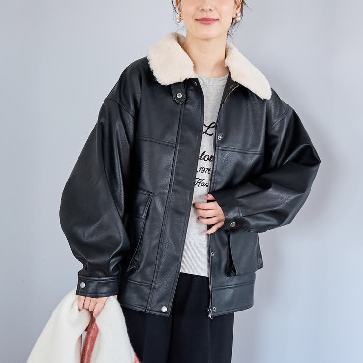 ボア襟付きレザーライクヴィンテージブルゾン[品番：COEW0007631