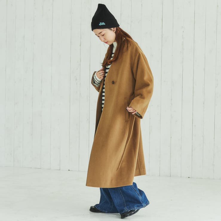 ウールブレンドノーカラーロングコート・ベージュ[品番：COEW0003844