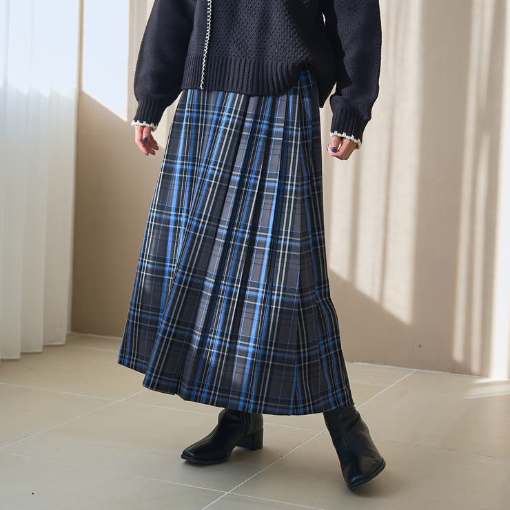 プリーツプリーズ青と黒のチェック柄タイトスカート 昨年大人気】TRチェックプリーツスカート[品番：COEW0007415]｜coen