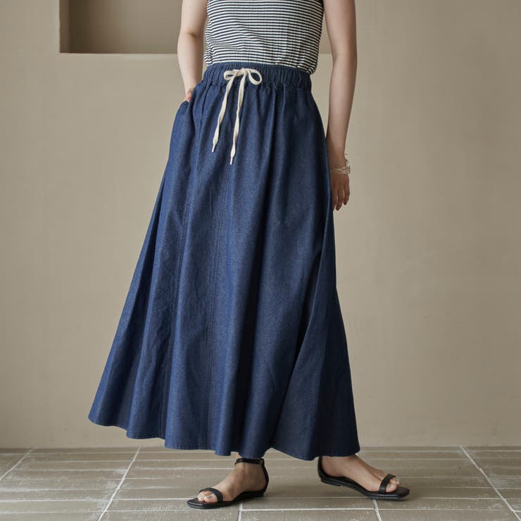 NAVY | コットンレーヨンデニムパネルフレアスカート | coen【women】