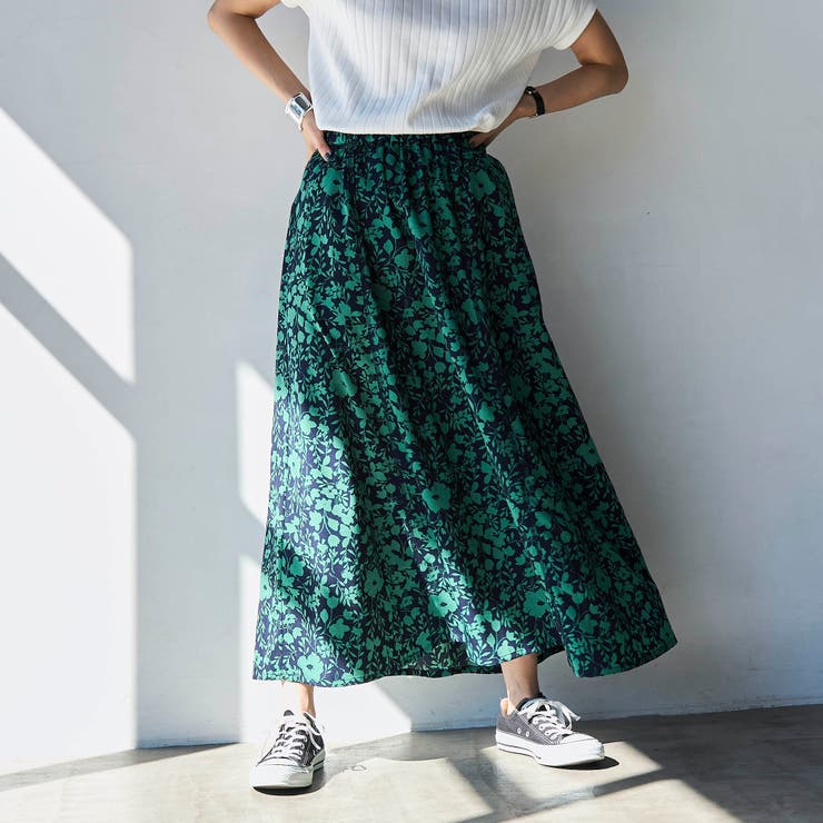 バイカラーボタニカルプリントフレアスカート[品番：COEW0005681