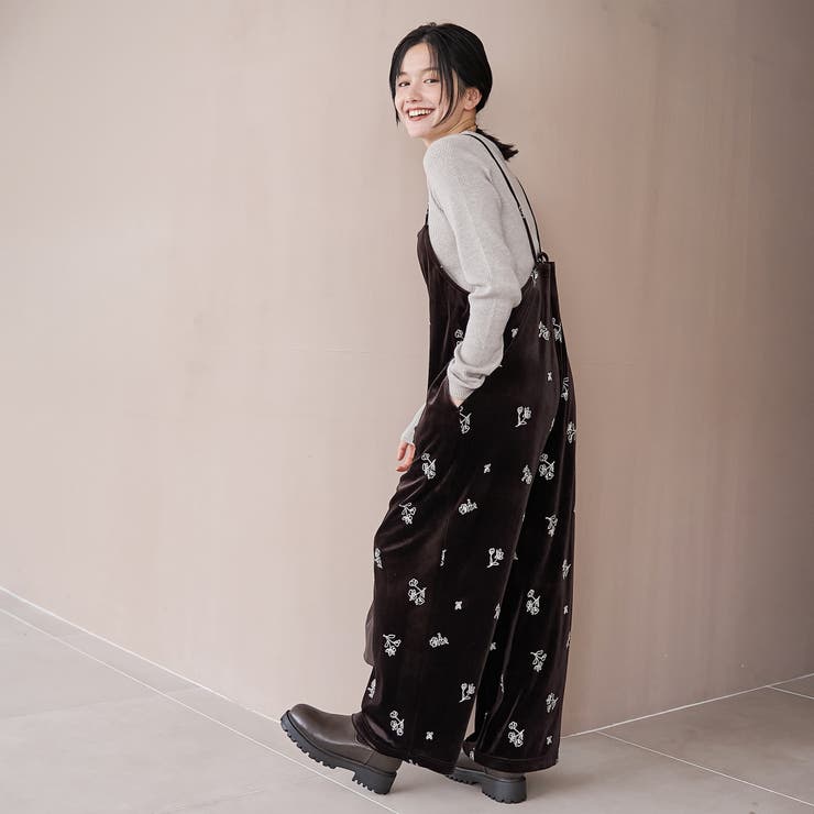フラワー刺繍ベロアサロペット[品番：COEW0007497]｜coen【women