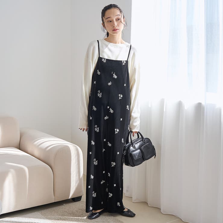 BLACK | フラワー刺繍ベロアサロペット | coen【women】
