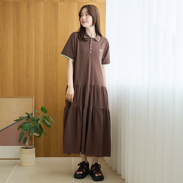 極美品 ルネ 白襟ワンピース 膝丈 カメリアボタン 36 ダークブラウン 上品 Penneys（ぺニーズ）別注】配色ライン ティアードポロ襟ワンピース