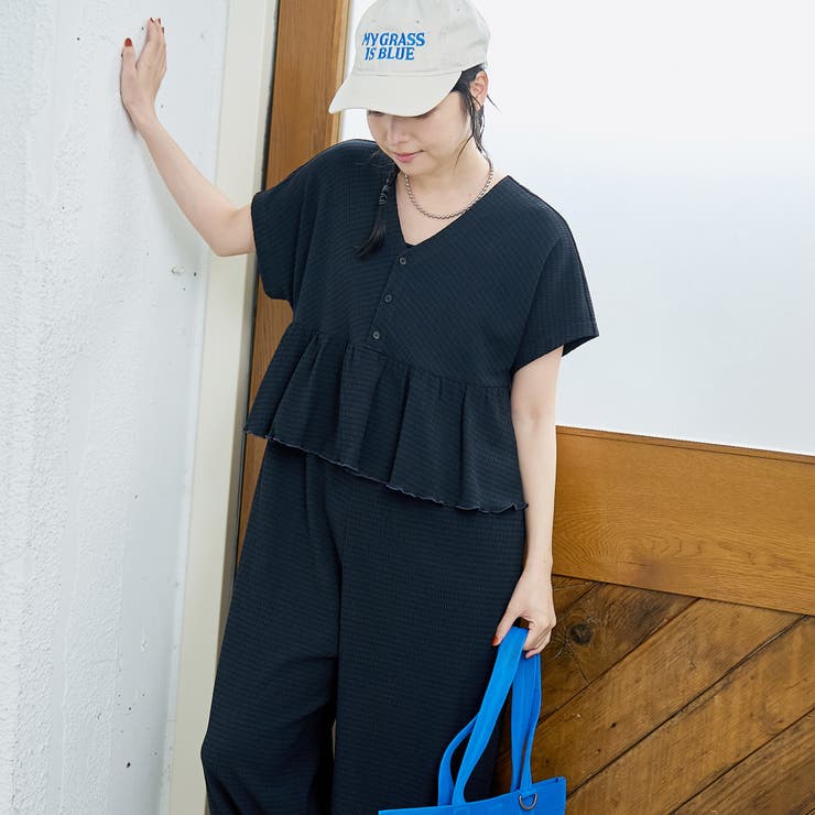 NAVY | サッカーチェック Vネックオールインワンサロペット | coen【women】
