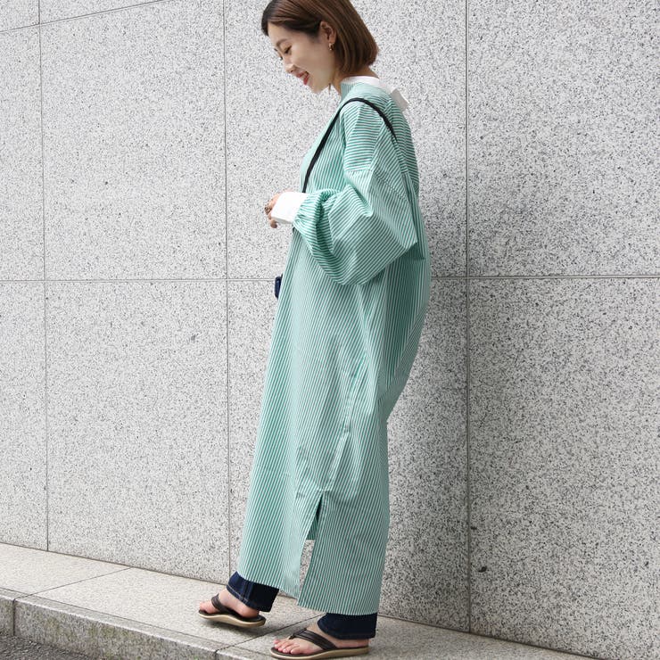 ボリュームスリーブストライプシャツワンピース[品番：COEW0003429