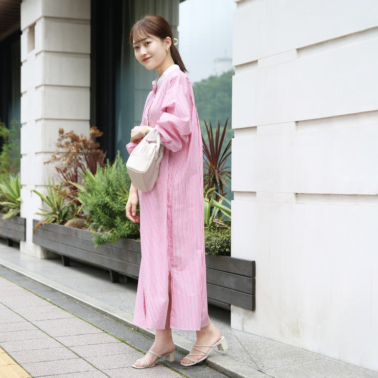 ボリュームスリーブストライプシャツワンピース[品番：COEW0003429