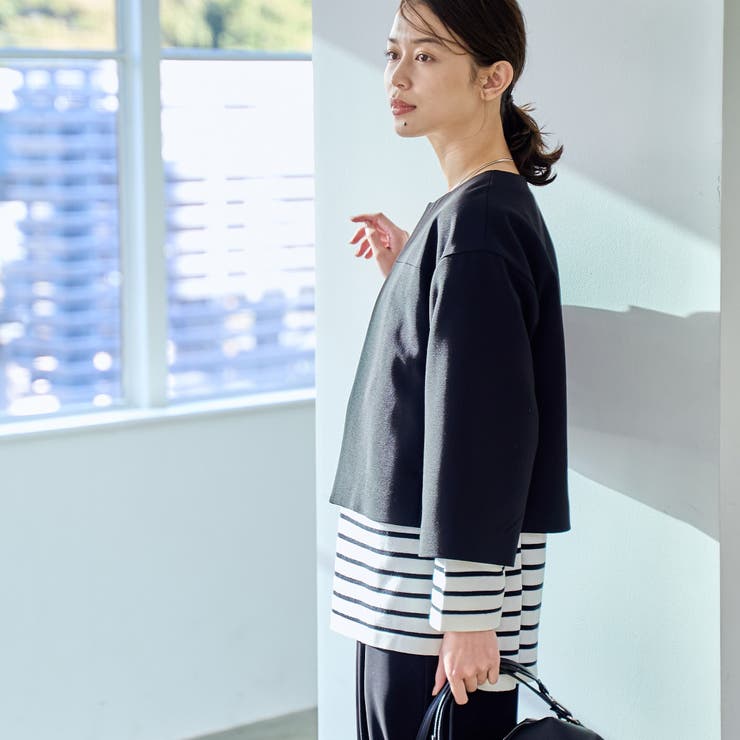 RONEL】ダブルクロスノーカラーショートジャケット(セットアップ対応