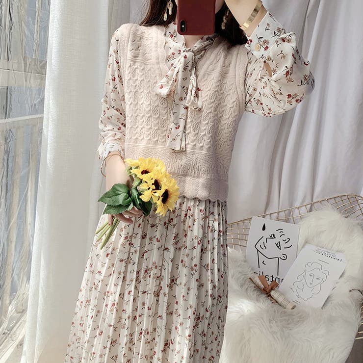 花柄ワンピース リボン Aライン ウエストマーク[品番