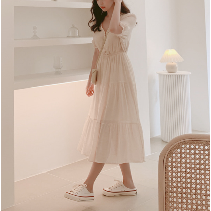 ティアード ワンピース 半袖 パフスリーブ Aライン Vネック