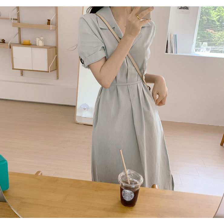 シャツ ワンピース 半袖 襟付き ウエストマーク リボン ミモレ丈
